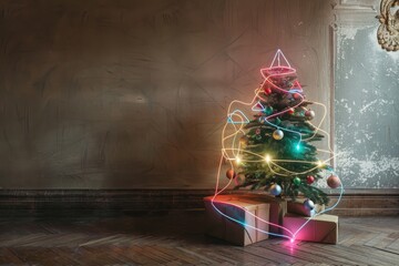 Minimalist Christmas tree with lighting in the background