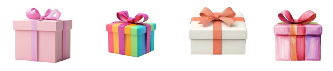 Obraz premium A vibrant assortment of four beautifully wrapped gift boxes in various colors and designs, perfect for celebrations and special occasions.