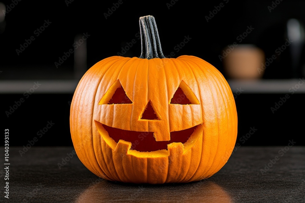 Poster single pumpkin on a plain table, with a soft, glowing jack-o'-lantern face, representing the simple 