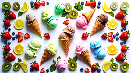 Obraz premium Colorful Flat Lay of Ice Cream Cones and Scoops Vibrant Flavors Surrounded by Fresh Fruits and Garnishes on a White Background, Creating a Symmetrical and Inviting Composition