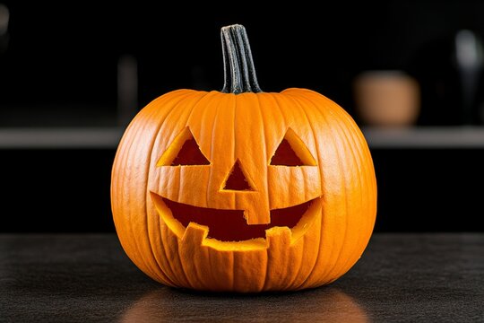 Single pumpkin on a plain table, with a soft, glowing jack-o'-lantern face, representing the simple joys of the autumn harvest