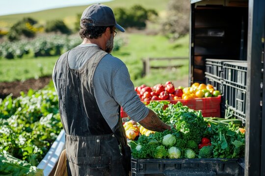 Local farmer delivering fresh, organic produce in a branded van, emphasizing the freshness and quality of farm-to-table goods.