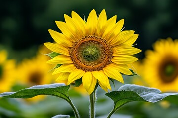 Fototapeta premium Single sunflower against a plain background, capturing the essence of harvest season with simple elegance