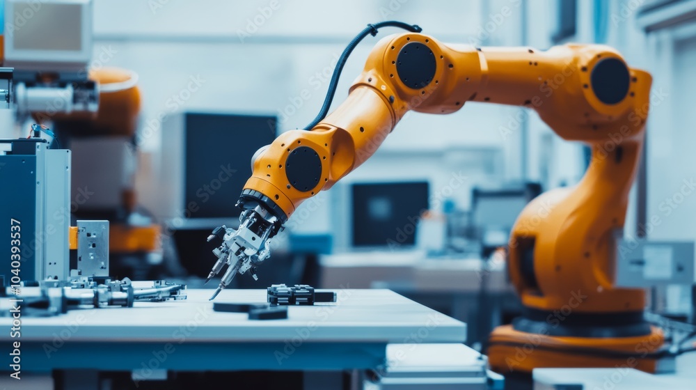 Poster An advanced robotics workshop with sophisticated robotic arms and precision tools, clean and organized workspace with high-tech machinery, Engineering style