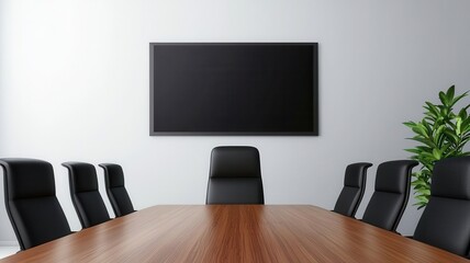 A modern conference room featuring a wooden table, black ergonomic chairs, and a large blank screen on the wall.