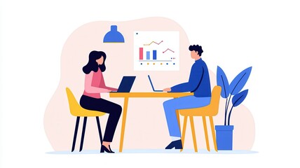 Two professionals collaborate at a table, working on laptops with charts in the background, showcasing teamwork and productivity in a modern office setting.