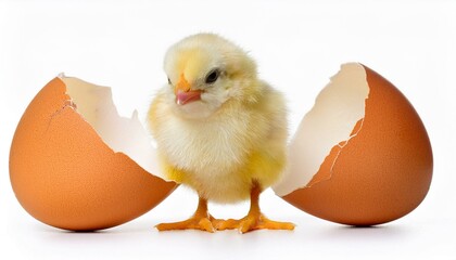 ヒヨコと卵の殻（chick and eggshell on white background）
