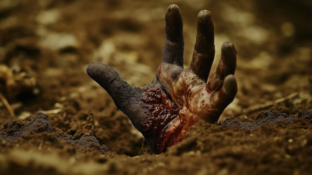 Bloody zombie hand emerges from the ground in the autumn. Close-up.