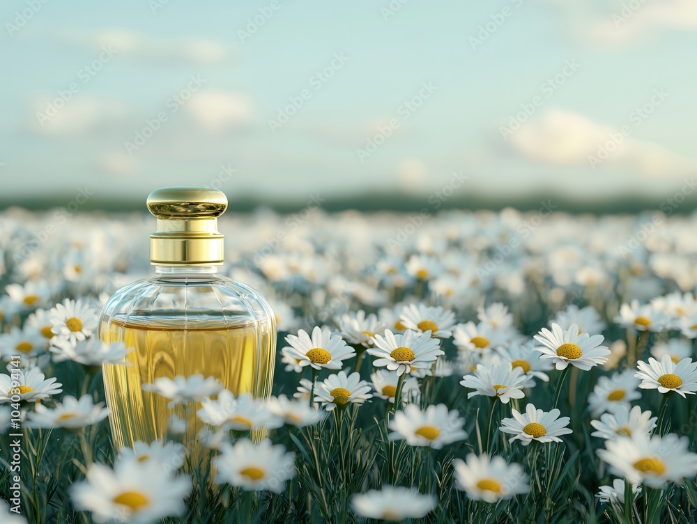 Wall mural a beautiful perfume bottle sits among a sea of daisies, embodying freshness and nature's essence und