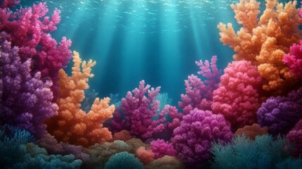 Vibrant coral reef with sunbeams shining through the water.