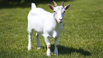 White goat with horns standing in a green field.
