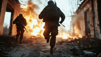 Combat soldiers, clad in camouflage gear, run from a fiery explosion in a ruined area, conveying urgency, danger, and survival in a war-ravaged setting.