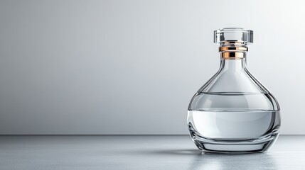An elegant, clear glass decanter filled with transparent liquid sits on a sleek gray table, embodying minimalism and serenity with clean lines and geometric form.