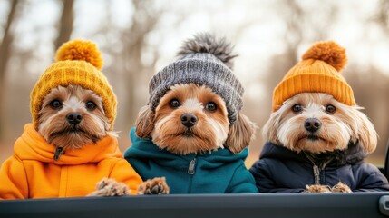 Three cute dogs, each wearing a cozy hat and sweater, pose snugly together, embodying warmth and companionship during a chilly day in a serene outdoor setting.