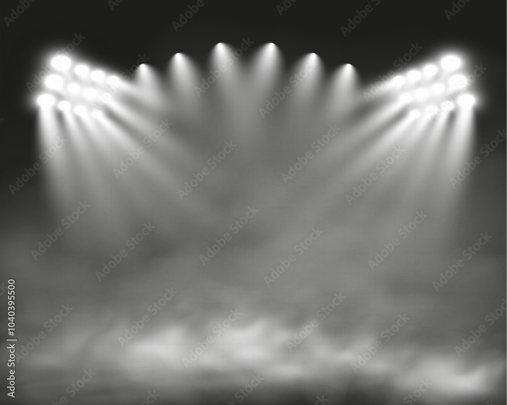 Poster light spotlights with smoke on a transparent background.vector illustration of an illuminated scene.
