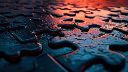 Close-up of shiny puzzle pieces reflecting colorful light patterns