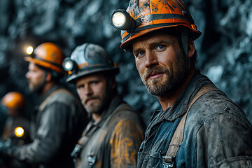 Fototapeta premium Coal miners working diligently in a dark mine during the day
