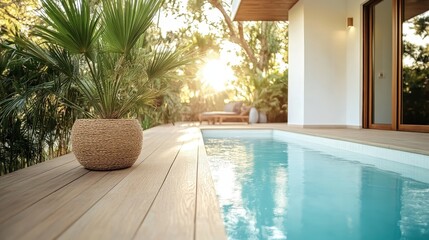 A sun-drenched pool deck surrounded by lush greenery features comfortable seating, offering a relaxing retreat bathed in warm sunlight and serene natural ambience.