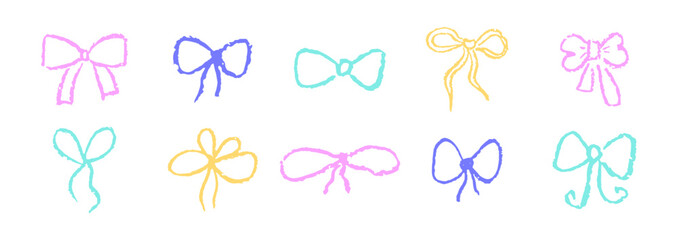 Set of bows drawn with pastel or charcoal pencil. Colorful chalk bow gift ribbon line simple element on white chalkboard background. Like kids drawn bows drawing collection. Vector illustration. © A_Y_N