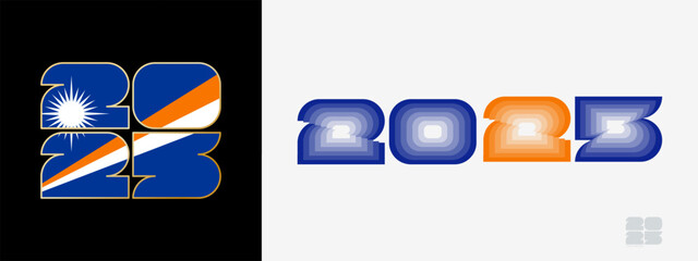 Year 2025 with flag of Marshall Islands and in color palate of Marshall Islands flag. Happy New Year 2025 in two different style.