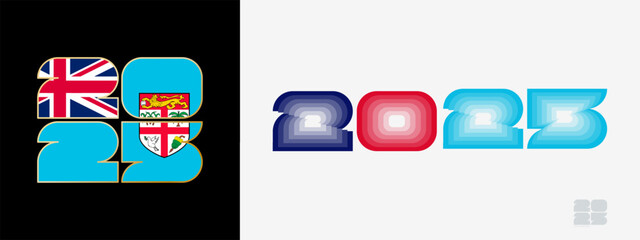 Year 2025 with flag of Fiji and in color palate of Fiji flag. Happy New Year 2025 in two different style.