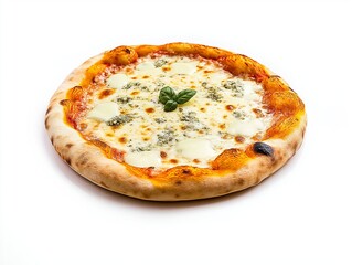 Italian four cheese pizza with melted mozzarella, blue cheese, and basil garnish on a white background