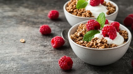 Two elegant bowls filled with nutritious granola and creamy yogurt, adorned with fresh raspberries and mint leaves, offering a healthy and vibrant breakfast option.