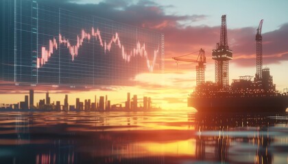 Oil trading visual with barrels, a financial chart, and an offshore rig at sunset, symbolizing the dynamics of the oil market.