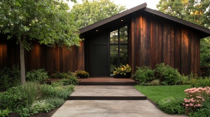 A rustic wooden house with inviting greenery and a charming entrance, evokes a sense of peaceful living and connection to nature in a tranquil setting.