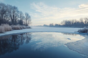 A Partially Frozen River Reflecting a Cloudy Sky in Winter