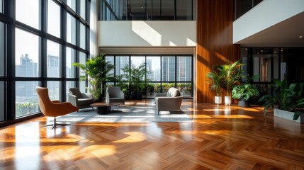 Obraz premium A chic seating area in a modern building, showcasing elegant furniture and a stunning cityscape view, bathed in natural light for a peaceful and relaxing environment.