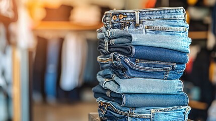 Stacked denim jeans in a retail clothing store display