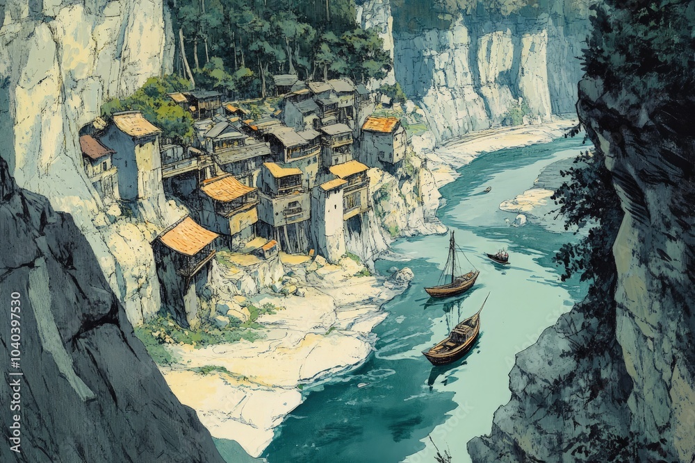 Canvas Prints a painting of a village on a cliff overlooking a river