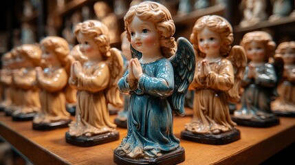 Delicate ceramic angels displayed on a wooden shelf in a shop
