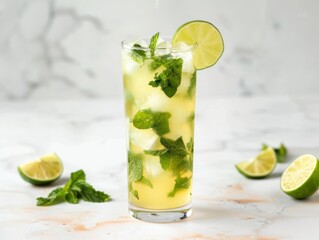 Fototapeta premium A mint julep in a silver cup with fresh mint leaves on a white background