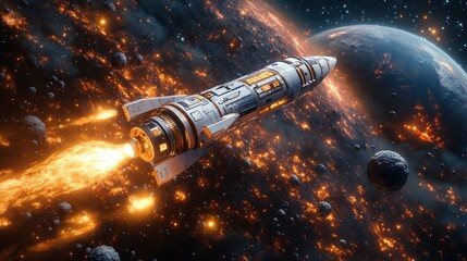 A futuristic spaceship traveling through a vibrant cosmic landscape