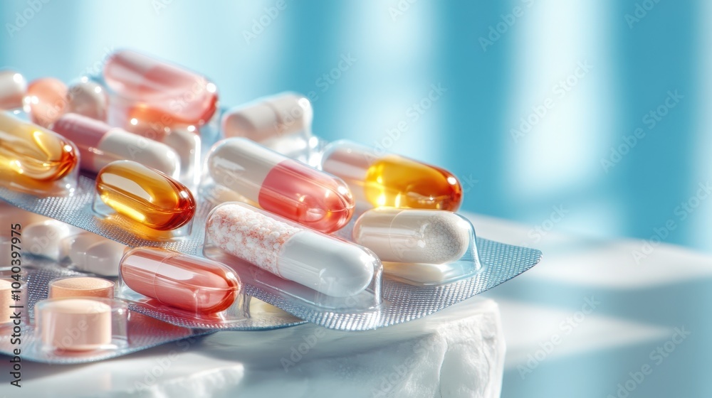 Wall mural the image captures a close-up view of colorful medicine capsules and tablets, focusing on the detail