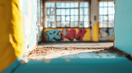 An industrial space filled with vibrant graffiti, worn walls, and sunlight streaming through large windows, giving an artistic touch to the urban decay setting.