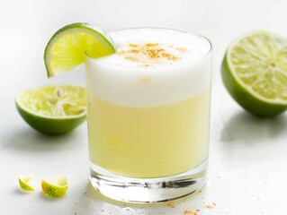 A Pisco sour in a short glass with a lime twist on a white background