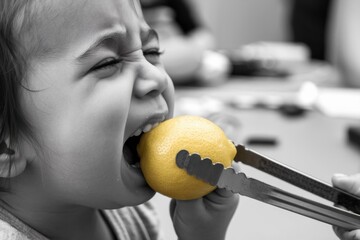 A young child makes a funny face as they attempt to bite into a sour lemon, showcasing a mix of curiosity and surprise at the taste.