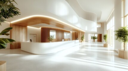 A sleek and modern reception area features a curvy ceiling, illuminated wooden elements, and several potted plants, offering a warm and welcoming ambiance.