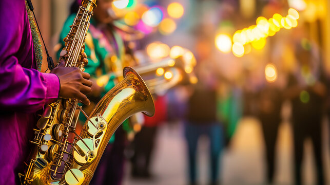 Street musician playing saxophone during Mardi Gras celebration at night.
