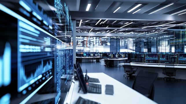 An AI-driven financial trading floor with screens displaying real-time market data and algorithmic trading strategies, Financial style, photo of