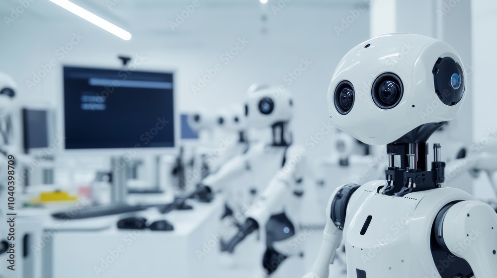 Fototapete An AI-powered robotics workshop, high-tech lab with robotic prototypes and advanced AI algorithms, Technological style