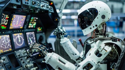 Humanoid robot inspecting the cockpit instruments for accuracy