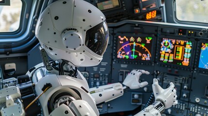 Humanoid robot inspecting the cockpit instruments for accuracy
