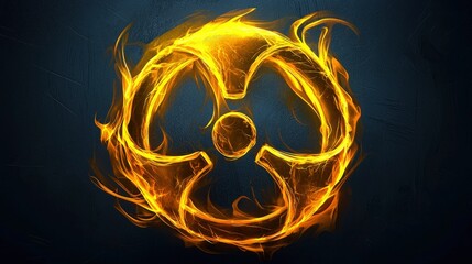 Glowing radioactive symbol with fiery effects and dark background