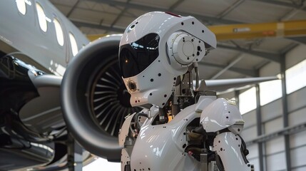 Humanoid robot lubricating moving parts on an aircraft