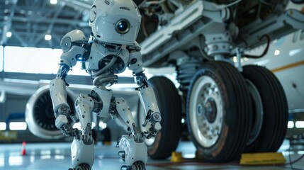 Fototapeta premium Humanoid robot replacing parts on an aircraft landing gear