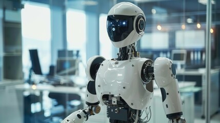 Humanoid robot providing tech support in a futuristic office
